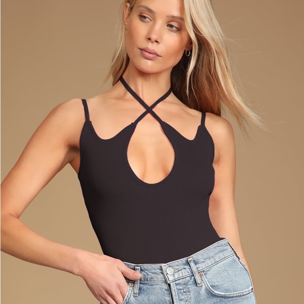 Lulus Black Knit Halter Strappy Bodysuit